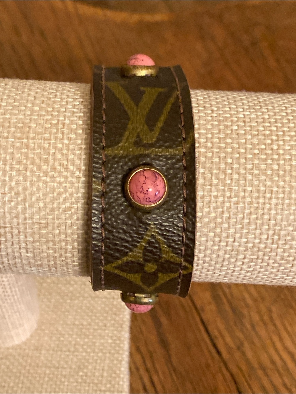 Vintage Boho Bags Upcycled Louis Vuitton Monogram Leather/Pink Stones Cuff NWOT